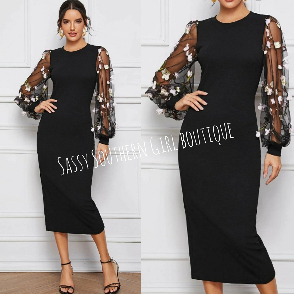 🆕⭐ Black 3D floral mesh sleeve midi dress